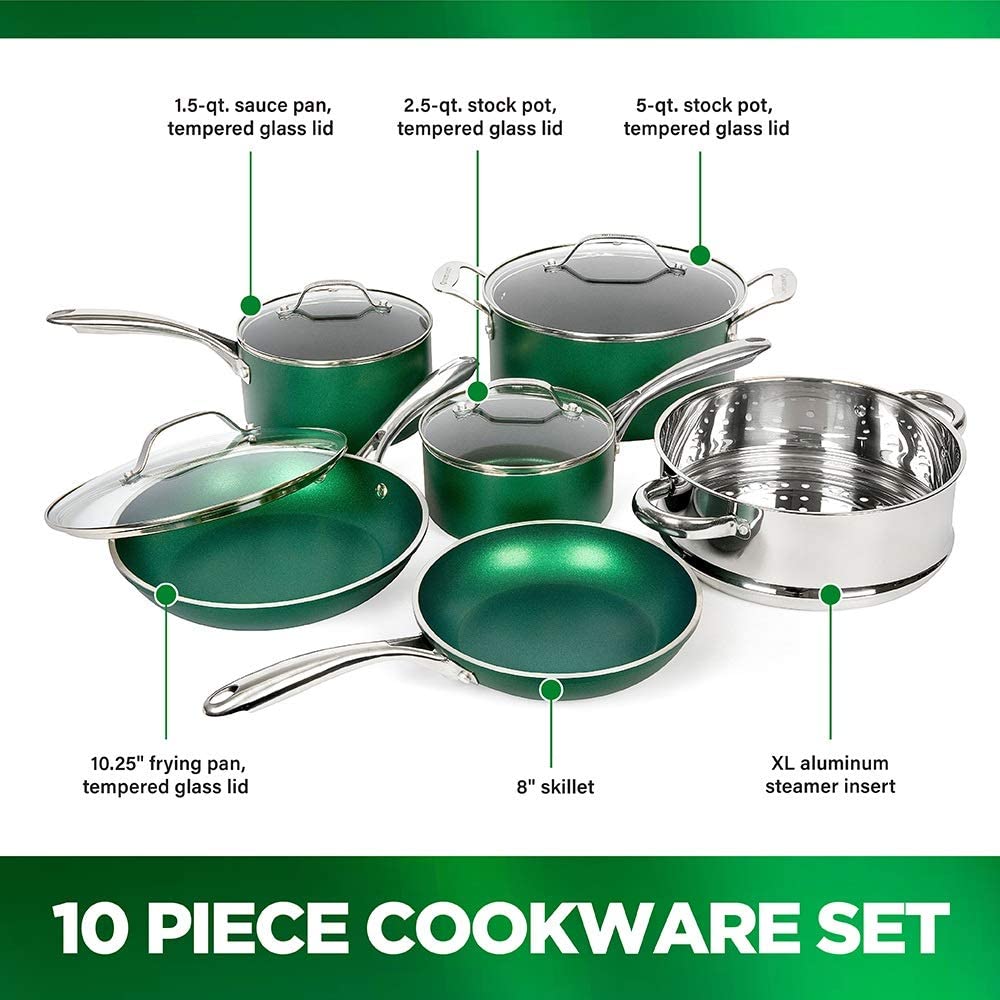 Belgique 11 Piece Nonstick Aluminum Cookware Set, Emerald Green